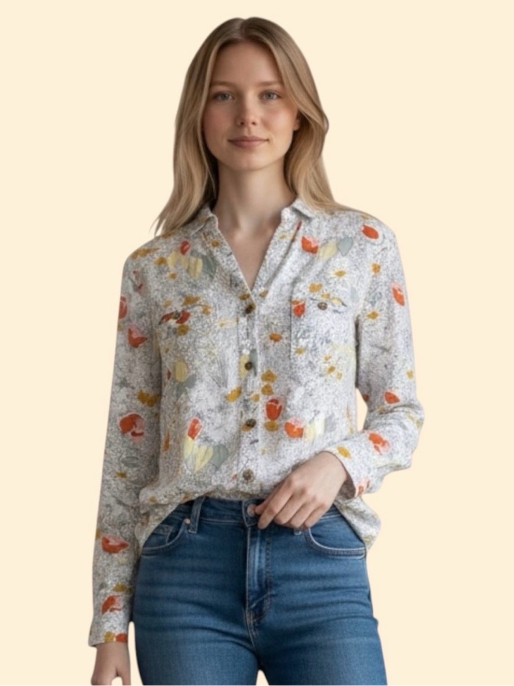 Anthropologie Floral Button-Front Blouse in Ivory, Orange and Yellow